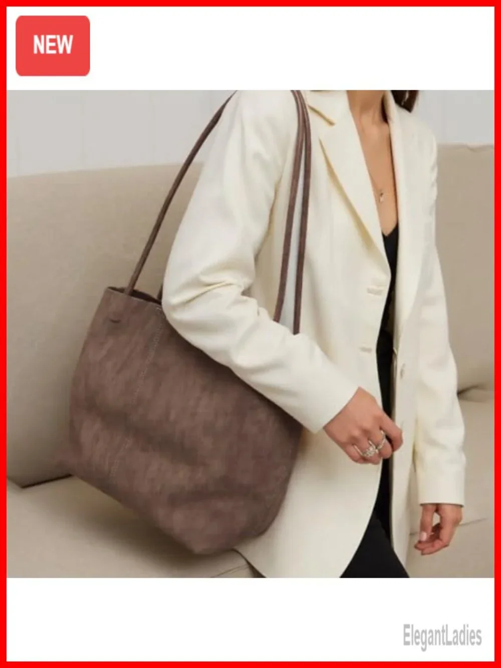 Large Faux Suede Hobo Shoulder Bag with Buckle